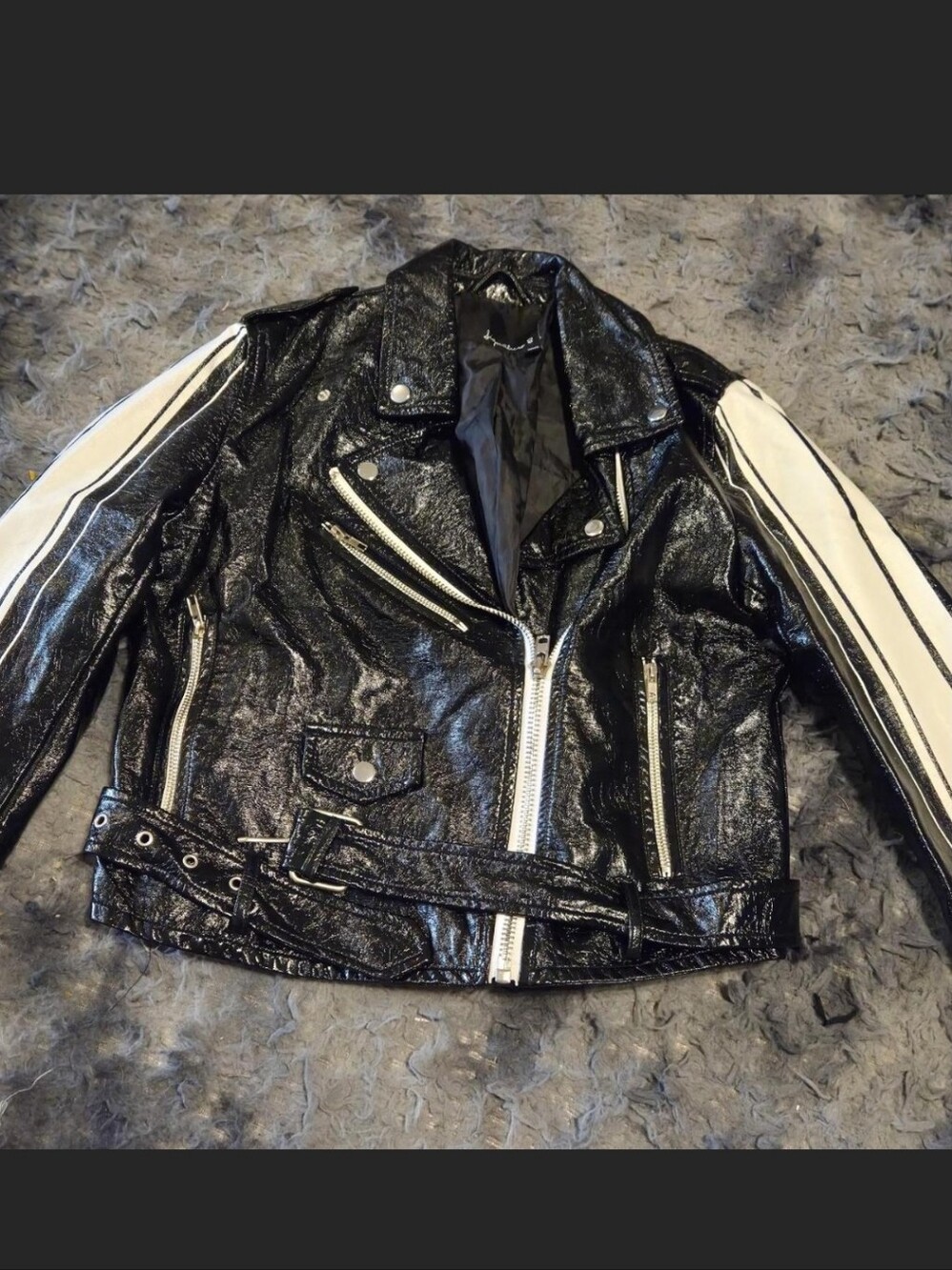 Signature8 Black Patent Pleather Moto Jacket with White Sleeve Panels